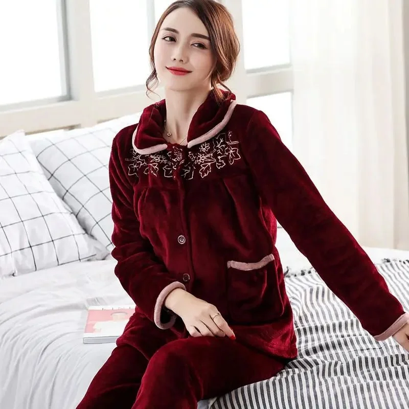 

Women's Autumn Winter Warm Thi Flannel Pajamas Sets Cora round Ne Spwear Home Clothes Soft Comfortable Breathable