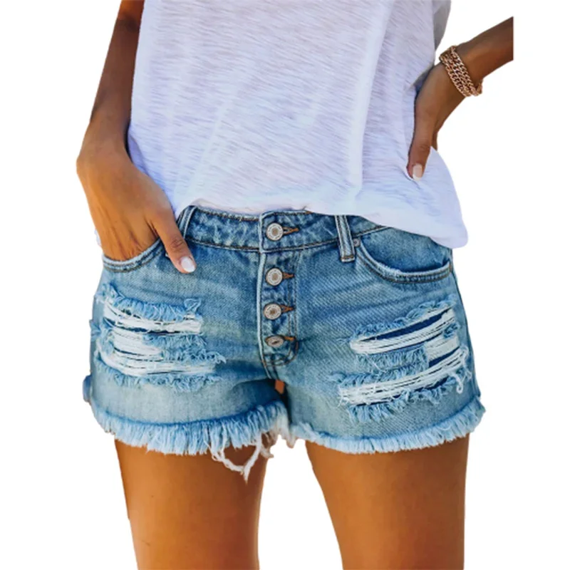 Women Single-breasted Splice Denim Shorts Fashion Broken Holes Tassel Three Quarter Pants Female Summer Casual Trend Streetwear