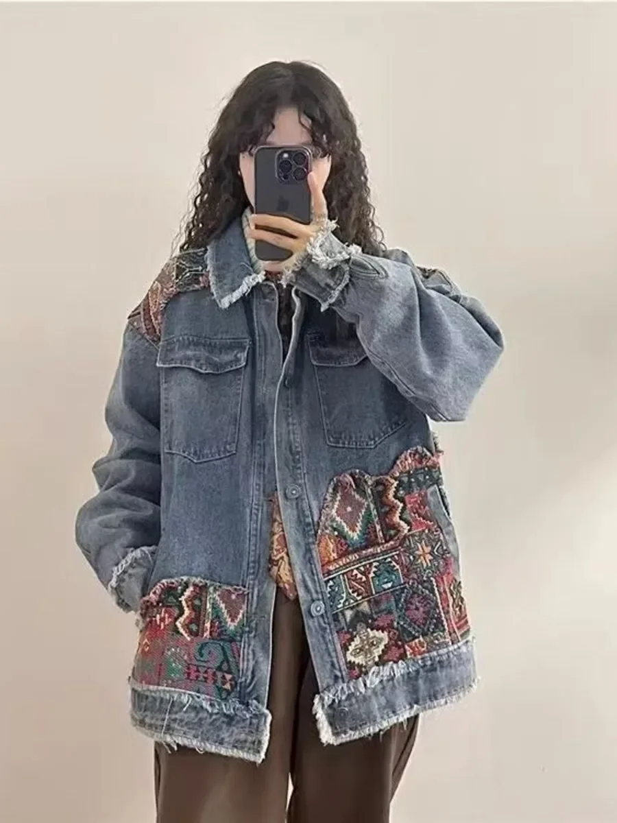 Giacca di Jeans Vintage con ricamo Boho primavera autunno manica lunga Casual allentata tendenza Folk-cuciture personalizzate cappotto di Jeans con