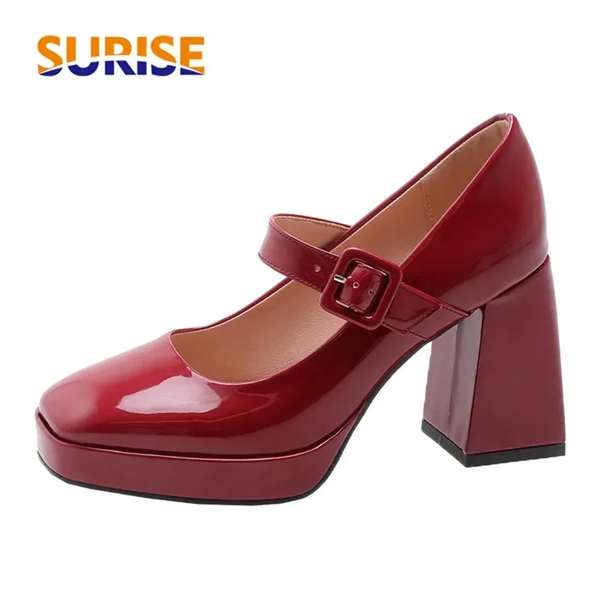 Red Patent Leather Women Platform Mary Janes White Black Patent Leather High Block Heels Square Toe Office Party Club Lady Pumps