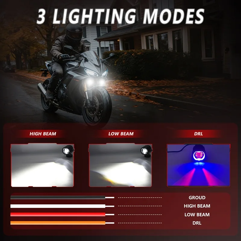 2X LED Motorcycle Red Devil's Eye Blue Aperture Headlight Projector Lens LED Moto Fog Auxiliary Motorcycle Headlight