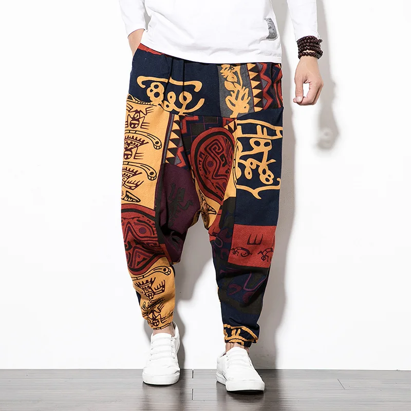 Cotton Linen Harem Pants Men Elastic Waist Streetwear Floral Joggers 2025 New Baggy Drop-crotch Pants Casual Trousers Men