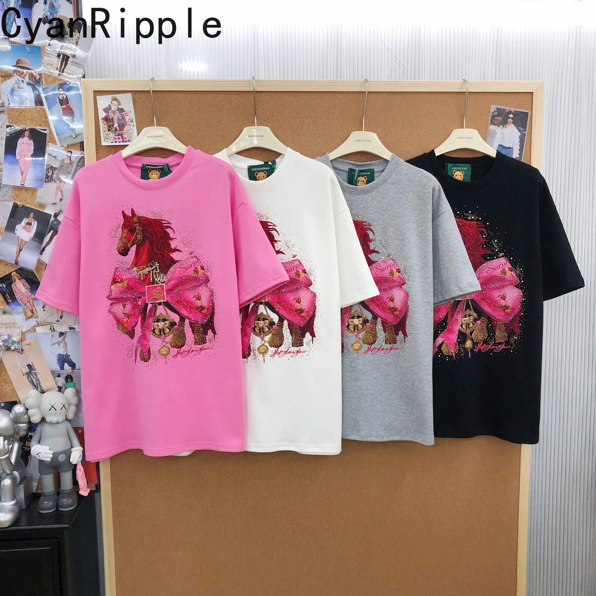 

Fashion New Spring Summer Loose Women T-shirt Luxury Hot Diamonds Round Neck Pullover Top Mid-long Short Sleeve Cotton Tees