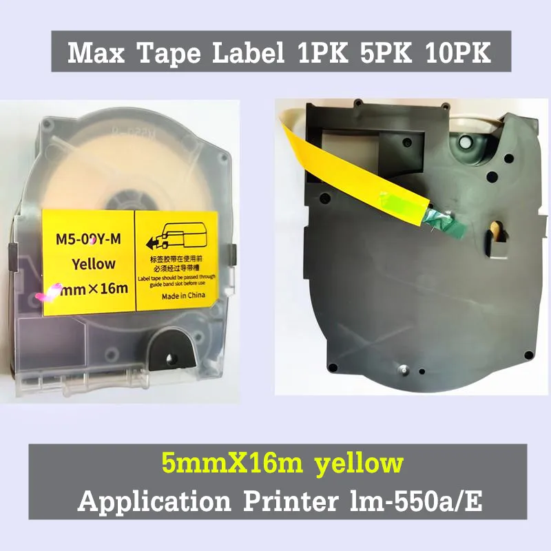 1PK 5PK 10PK Max Tape Cassette M5-05Y 5mmX16m Yellow ink typewriter Sticker label For lm-550a.E Cable ID Printer Label Maker