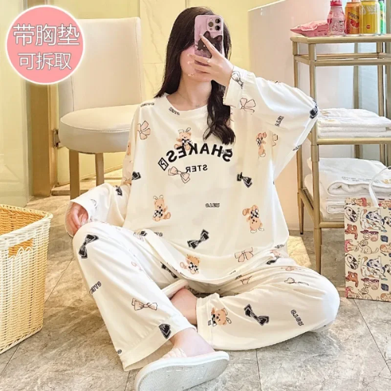 5XL Plus Size Ladies Pajamas Set with Chest Pad Korean Autumn Students Loose Loungewear Long Sleeve Tops and Trouser Home Wear