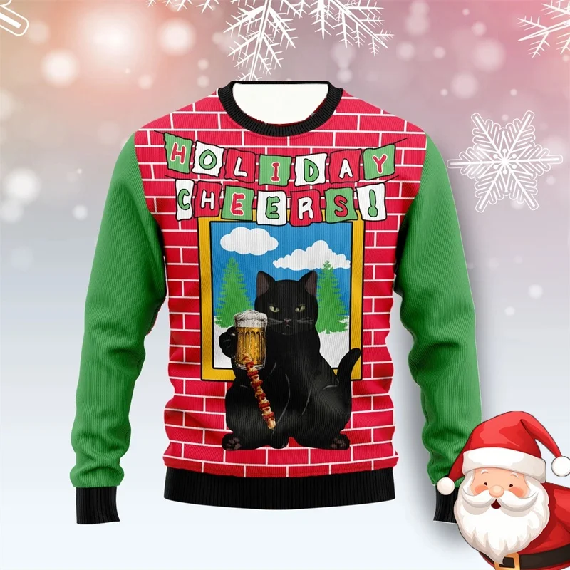 Beer Lover Ugly Christmas Sweater for Men 3D Printing Beer Sweatshirt Merry Christmas Pullovers 25-26 New Year Round Neck Hoodie