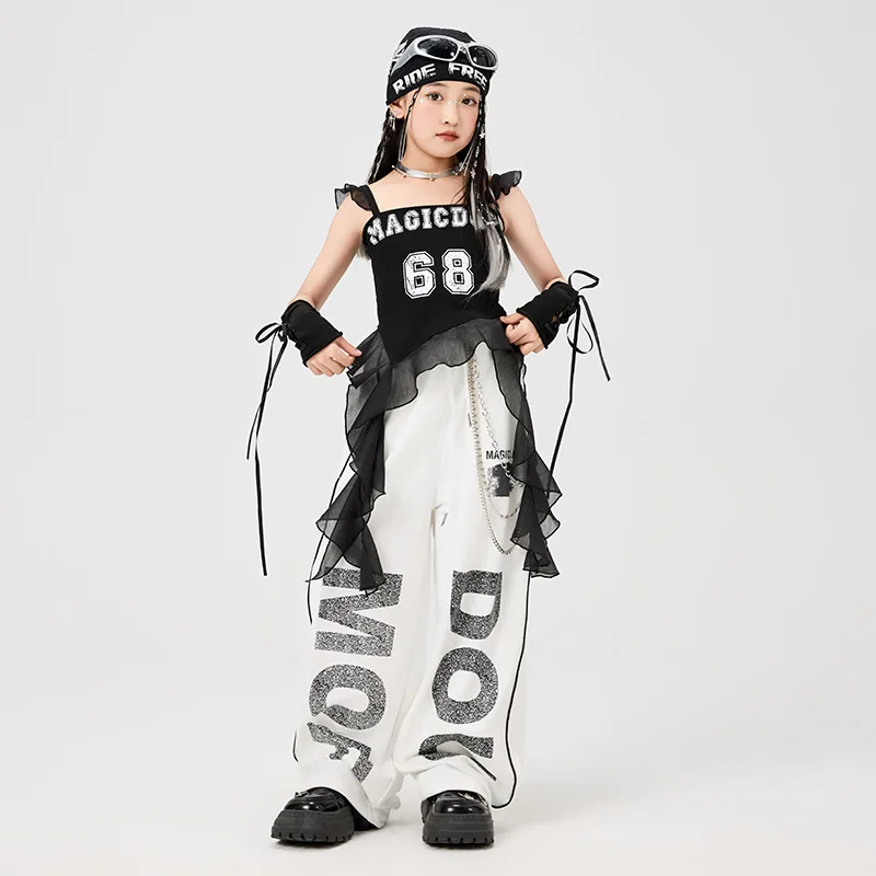 

Kid Kpop Hip Hop Clothing Black Strap Ruffled Hem Crop Tank White Casual Wide Sweat Pants for Girls Jazz Dance Costumes Clothes