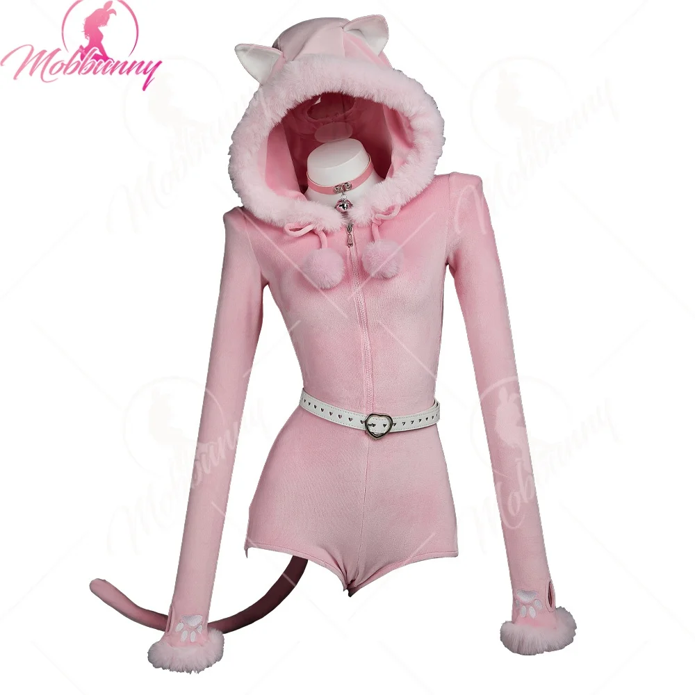 

Mobbunny Women Kawaii Hooded Bodysuit Sexy Lingerie Plush Bodycon Romper with Tail Belt