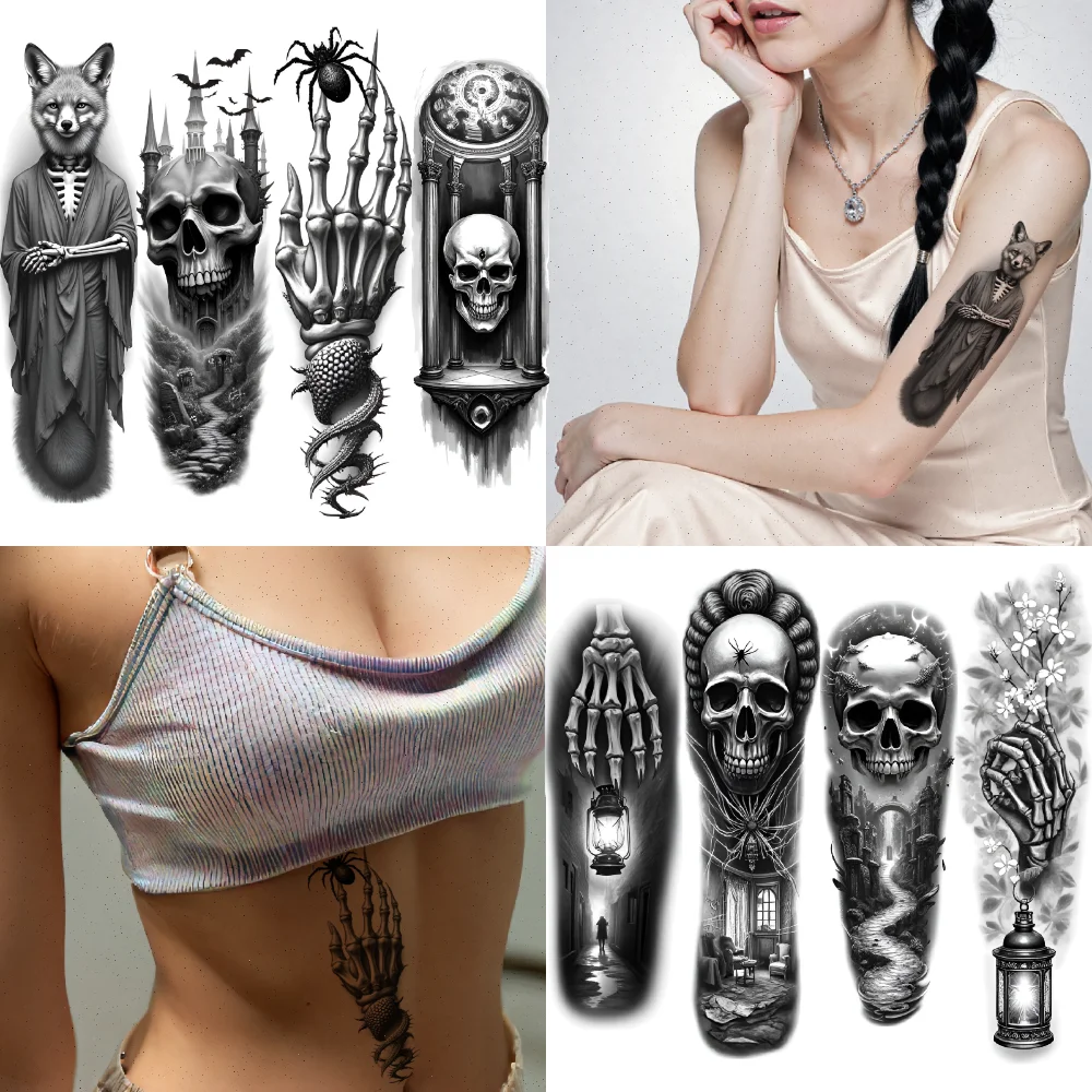 

3pcs Temporary Tattoo Fox Black And Grey Realism Skull Lantern Realistic Temporary Tattoos Skeleton For Women Arms Adults