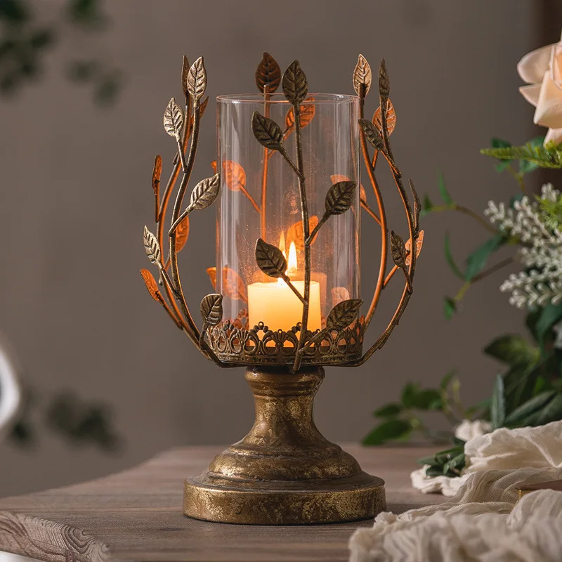 Retro wrought iron candlestick lantern homestay decoration desktop candlestick glass windproof decoration ornament