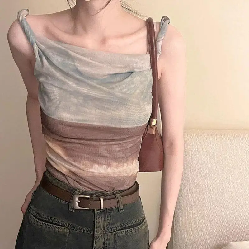 Women's Camisole Base Layer Strapless Top Mesh Women Summer Tie Dye Abstract Irregular Korean Short Off Shoulder Sweet Spicy
