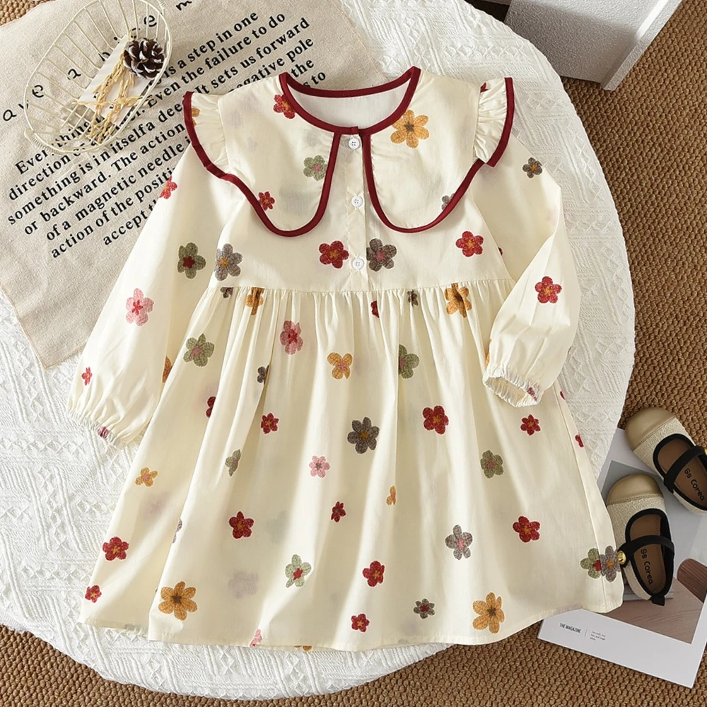 Sweet and Cute Flower Print Lapel Long Sleeved Casual Dress for Girls Aged 2-6 Korean Version Autumn New