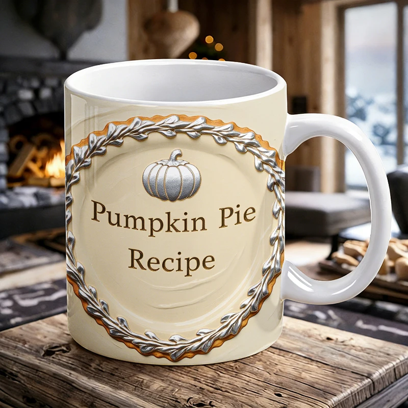 

"Pumpkin Pie Recipe" Mug Fall Thanksgiving Coffee Cup Silver Gold Pumpkin Wreath Ceramic Water Cup for Bakers Thanksgiving Gift