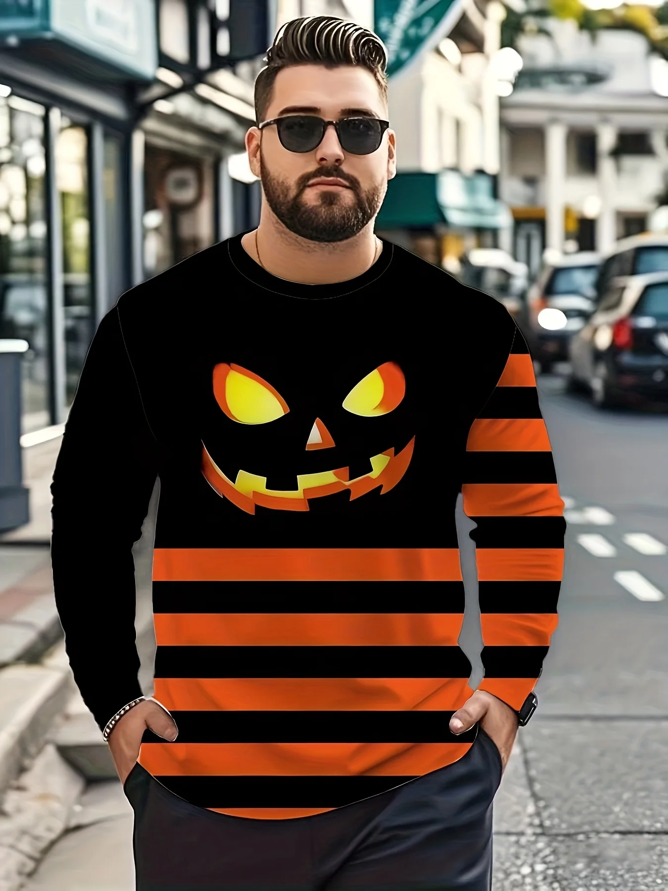 

Pumpkin Patch Tee 2025 Men's Jack-O'-Lantern Print Black Orange Stretchy Fall Halloween Ready​