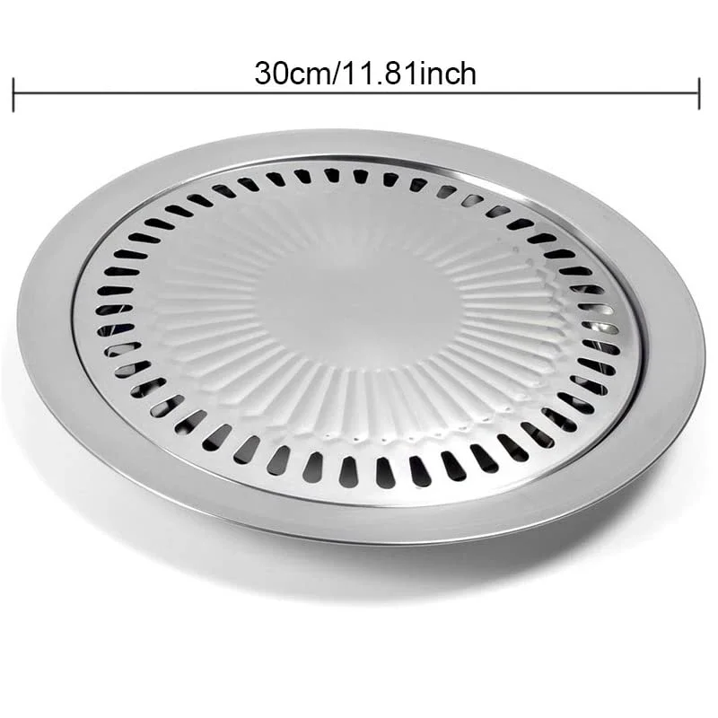 Stainless Steel Barbecue Round Plate Korean BBQ Grill Iron Plate No Burnt Fat Household Outdoor Picnic Smokeless Grill Pan Tools