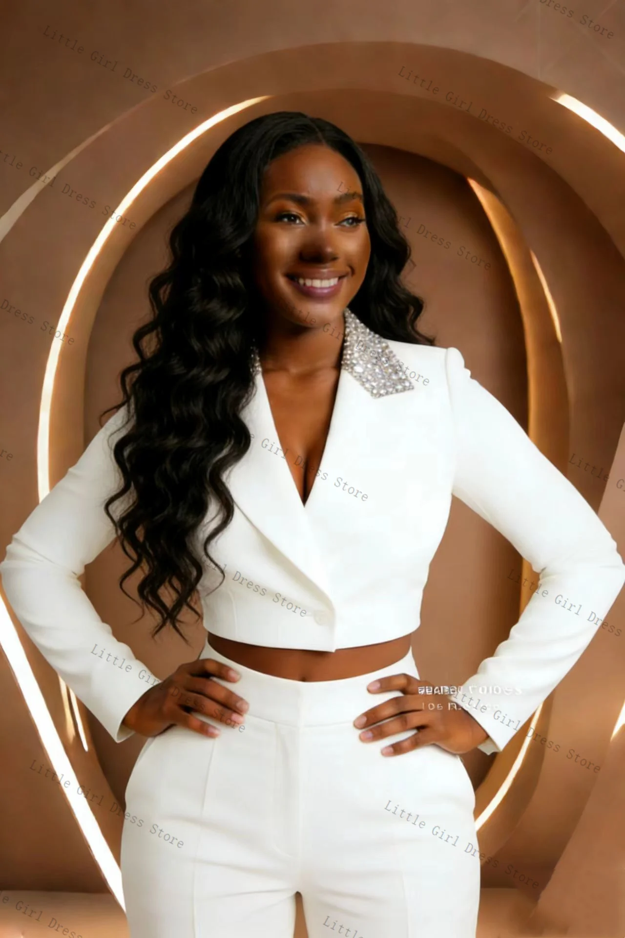 Weißes Damen-Anzug-Set mit Kristallen, 2-teilig, kurzer Blazer, Hose, formelle Büro-Damenjacke, Abschlussball, Hochzeit, Brautmantel, maßgeschneidert