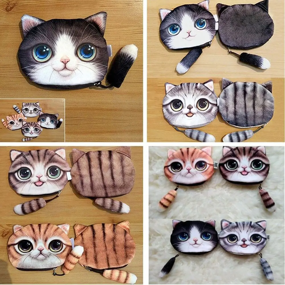 

Модный женский кошелек для мелочи с изображением кошки, мультяшный кошелек-монетница с молнией, кошелек для монет с большим личиком и маленьким хвостом кошки