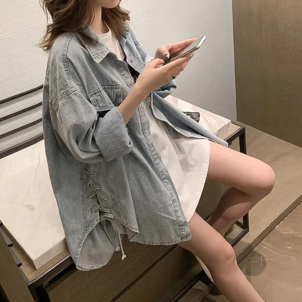 

Fall New Arrival Korean Style Loose Denim Shirt Women's Mid-Length Light Blue Fashion Versatile Jacket Student Youthful Top