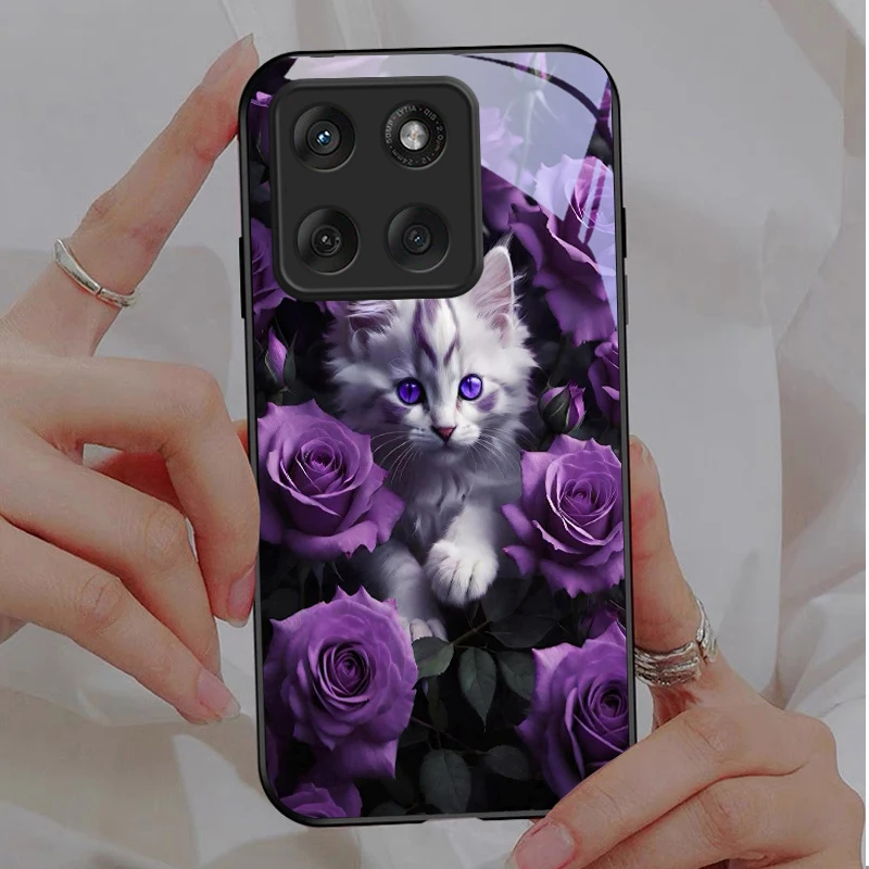 Kitten Purple Roses Black Glass Phone Case For Motorola Moto Edge 60 20 Lite 30 70 Pro 40 Neo 50 Ultra G14 G22 35 75 Back Cover view 3