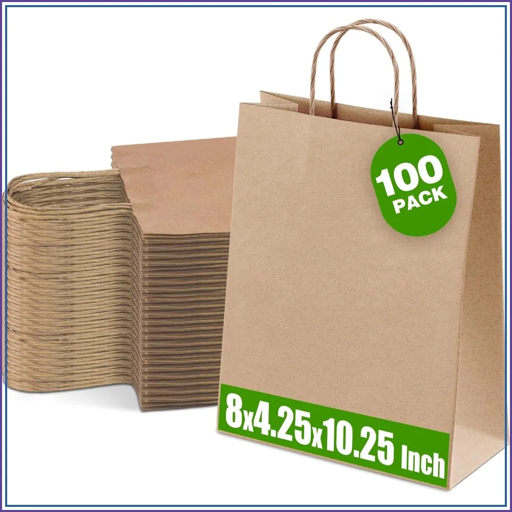 100 Kraft Paper Gift Bags with Handles, 8x4.25x10.25, Brown Bulk Bags for Party, Shopping
