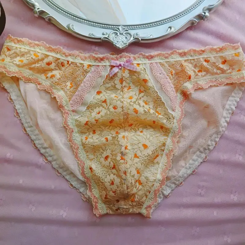 Сексуальные кружевные трусы с цветочным бантом, прозрачные сетчатые мужские трусы с выпуклой сумкой, удобное мягкое нижнее белье BF