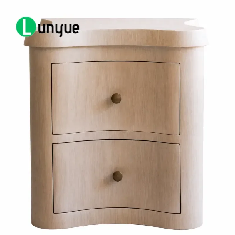 Modern Curved Wooden Bedside Table with Two Drawers Oak Trim Nightstand Storage Cabinet for Bedroom Living Room Home Decor