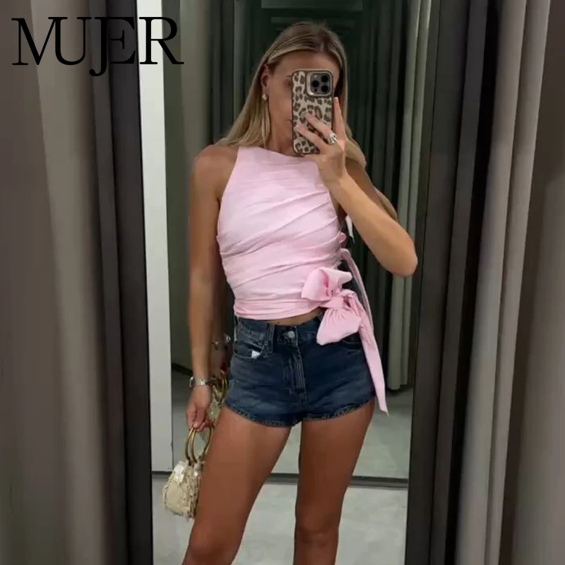 Damen Plissiertes Tanktop Crop Top mit Schleife Sommer Ärmelloses Oberteil für Frauen Schulterfreies Neckholder-Top Sexy Strand-Damenoberteil