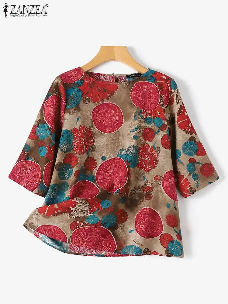 ZANZEA Summer Women Cotton Linen Blouses Elegant Floral Printing Blusa 2024 Retro Fashion 3/4 Sleeve Casual Tunic Round Neck Top