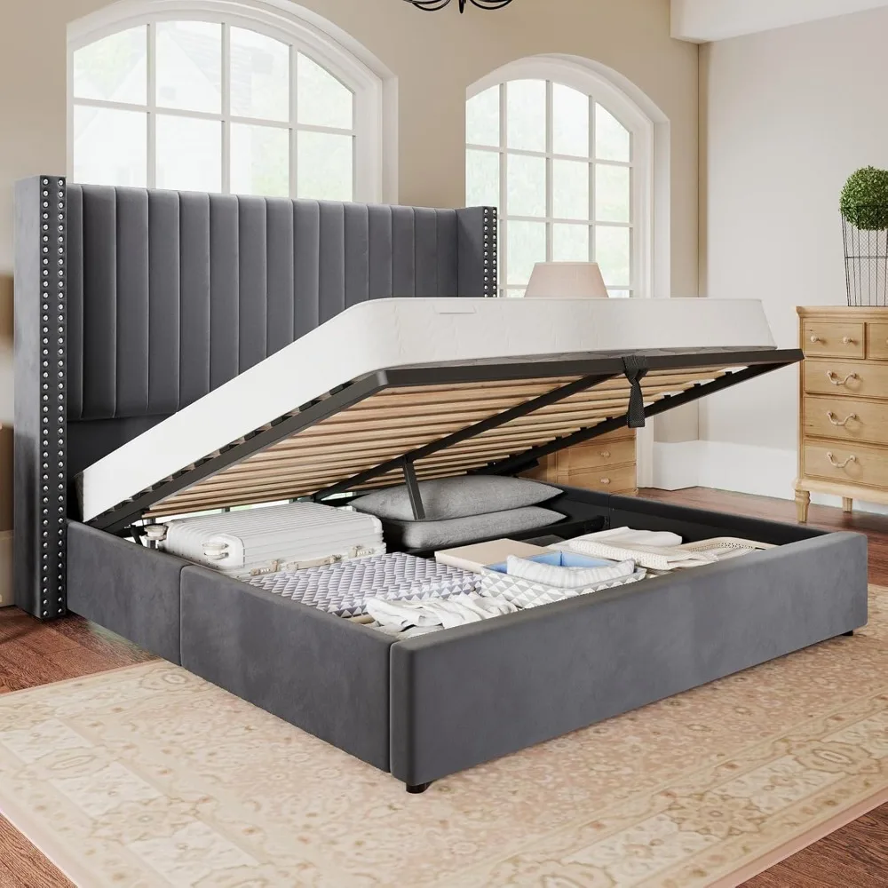 

Lift up Storage Bed Frame Queen Size,Upholstered Platform Bed Velvet with Channel Tufted Wingback Headboard,No Box Spring Needed