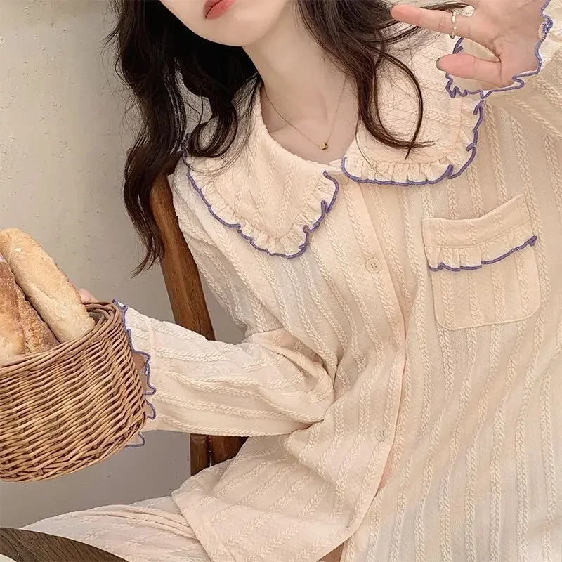 Autumn New Women Long-Sleeved Cotton Thin Pajamas Comfort and Casual Home Wear Loose Breathable Two-Piece Suit 2023