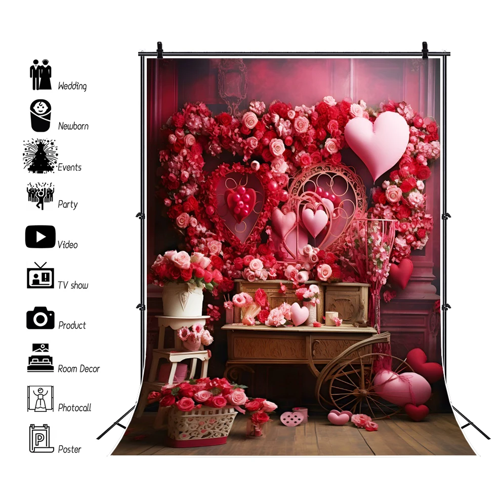 Valentine\'s Day Vertical Background Rose Flower Wooden Floor Love Heart Wedding Party Decor Couples Baby Portrait Photography
