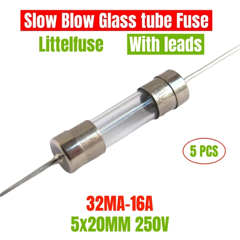 5 uds LF 218 tiempo de retraso fusible de vidrio de soplado lento con plomo 5*20 5x20MM 250V 32MA 0.2A 1A 2A 2.5A 3A 3.15A 5A 6.3A 8A 10A 12.5A 15A 16A