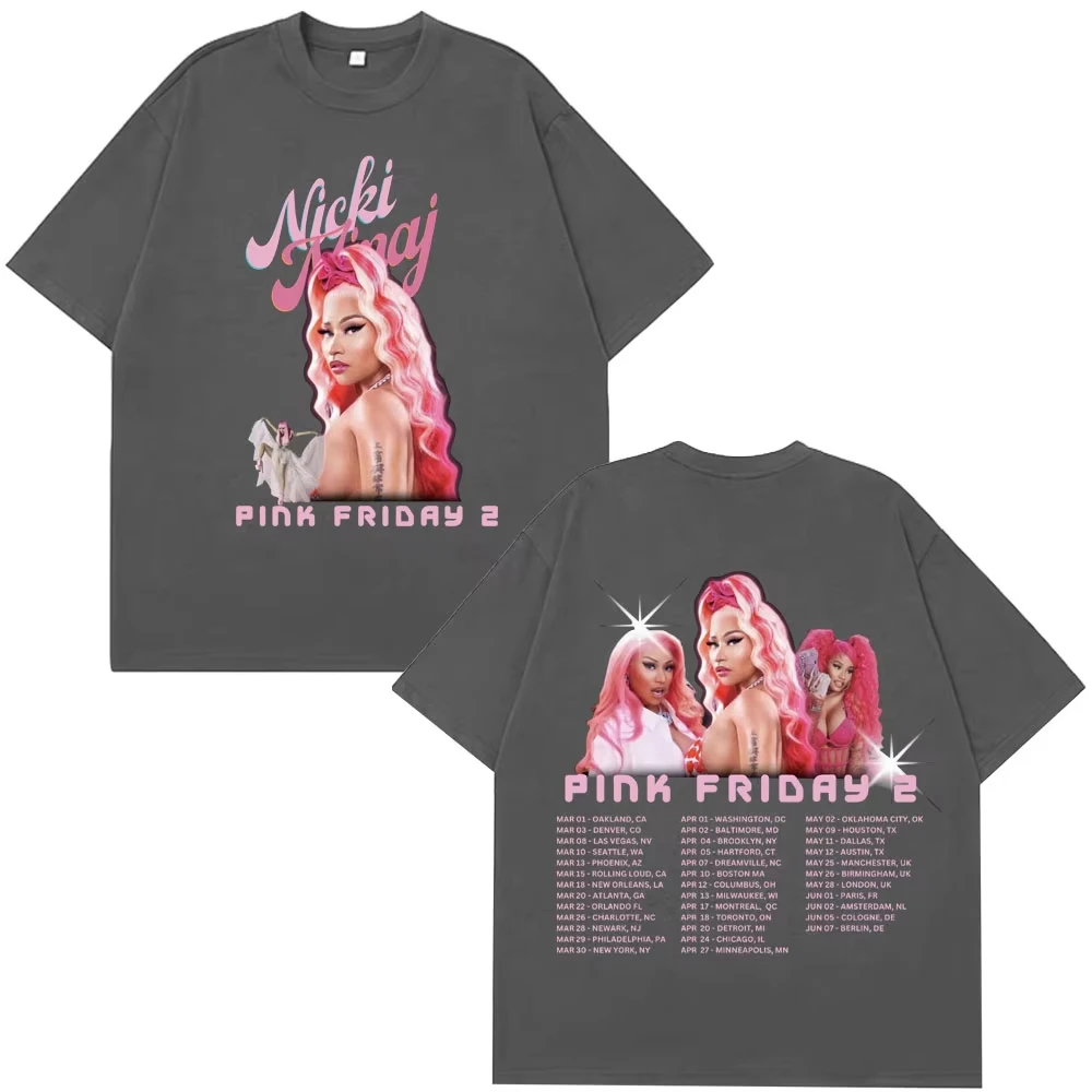 مغني الراب نيكي ميناج تي شيرت الوردي الجمعة 2 الكمامة مدينة جولة حول العالم تي شيرت الرجال النساء الموضة الجمالية قصيرة الأكمام المتضخم تي شيرت #3