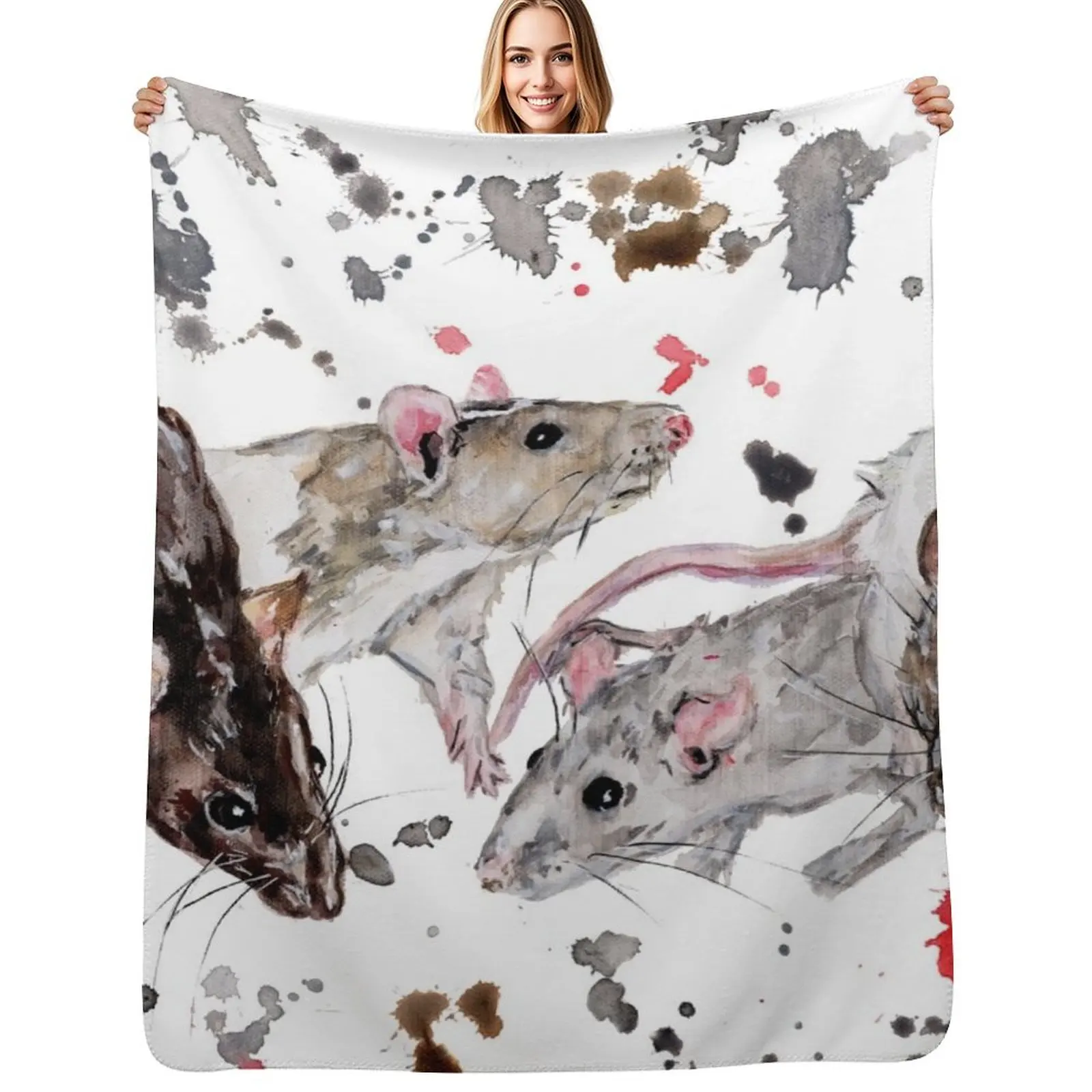 Watercolour Rats Throw Blanket Easy Care Comfortable Blanket for Couch