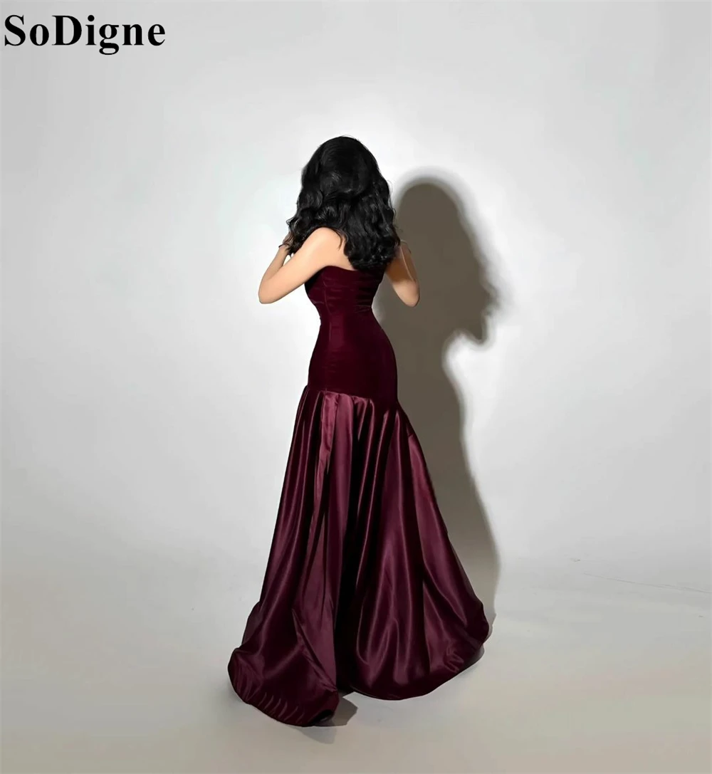 SoDigne Elegant Burgundy Velvet Evening Dresses Strapless A-Line Sleeveless Pleated Party Dress Backless Prom Gowns Customized