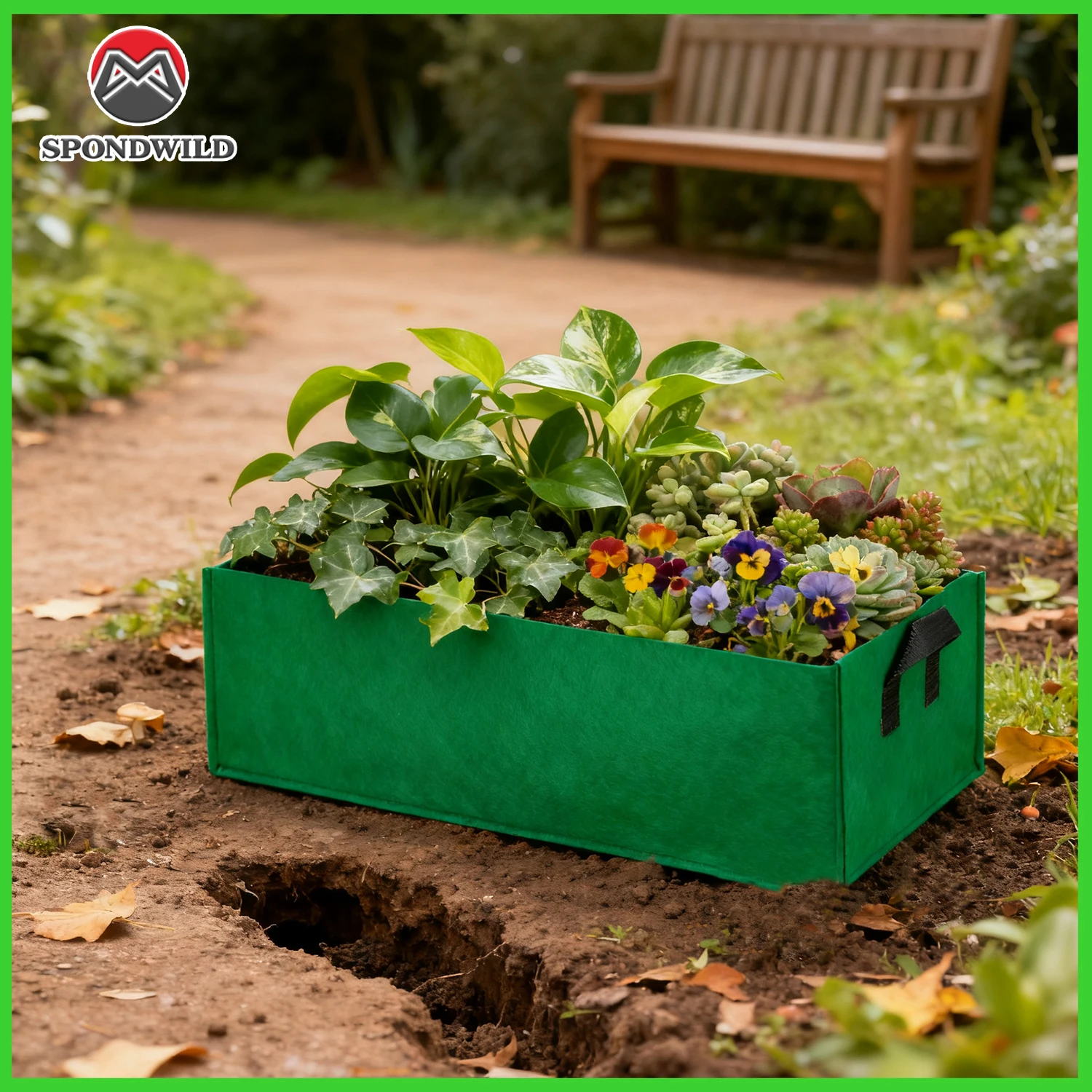 SPONDWILD 120x60x40cm Large Reinforced Handle Grow Bag Heavy Duty Rectangle Non-Woven Planter in Dark Green for Vegetables