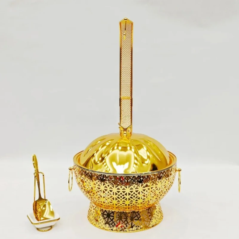 

Luxury stainless steel round hotel and restaurant supply fuel heating food heater gold hot pot for catering and buffet