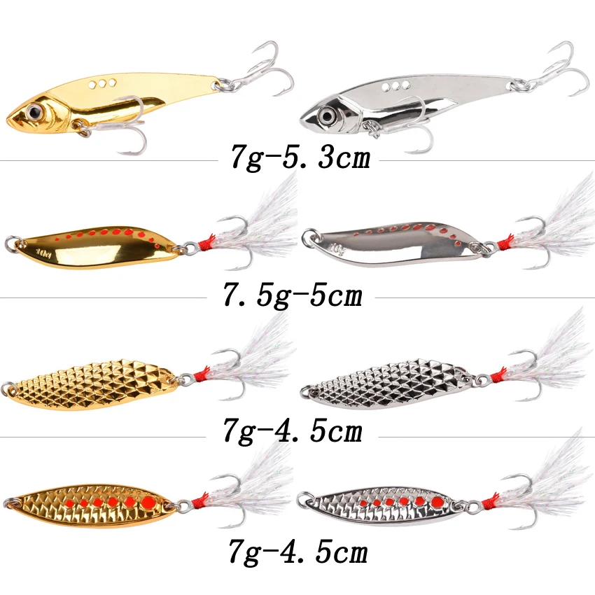 8PCS/Set Lure Metal Spinner Spoon Set Gold Silver 7g 7.5g Fishing Spinner Lures Sequins Treble Hooks Fishing Tackle Hard Bait