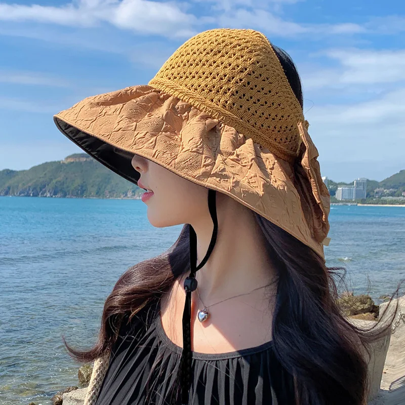 

Summer Empty Top Bucket Hat Wide Brim Breathable Packable Foldable Sunshade Sun Ponytail Cap with Chin Strap Sun Hat Beach Caps