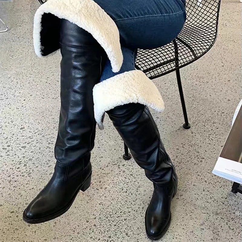 Winter Wool Fur Foldover Top Over The Knee Boots Woman Camel Black Oil Wax Leather Fur Boots Pointed Toe Flats Warm Snow Boots