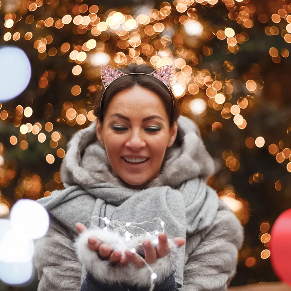 

2Pcs Cat Ear Headband Colorful Rhinestones Lightweight Non Slip Hair Accessories for Party Holiday Celebration Fashionable