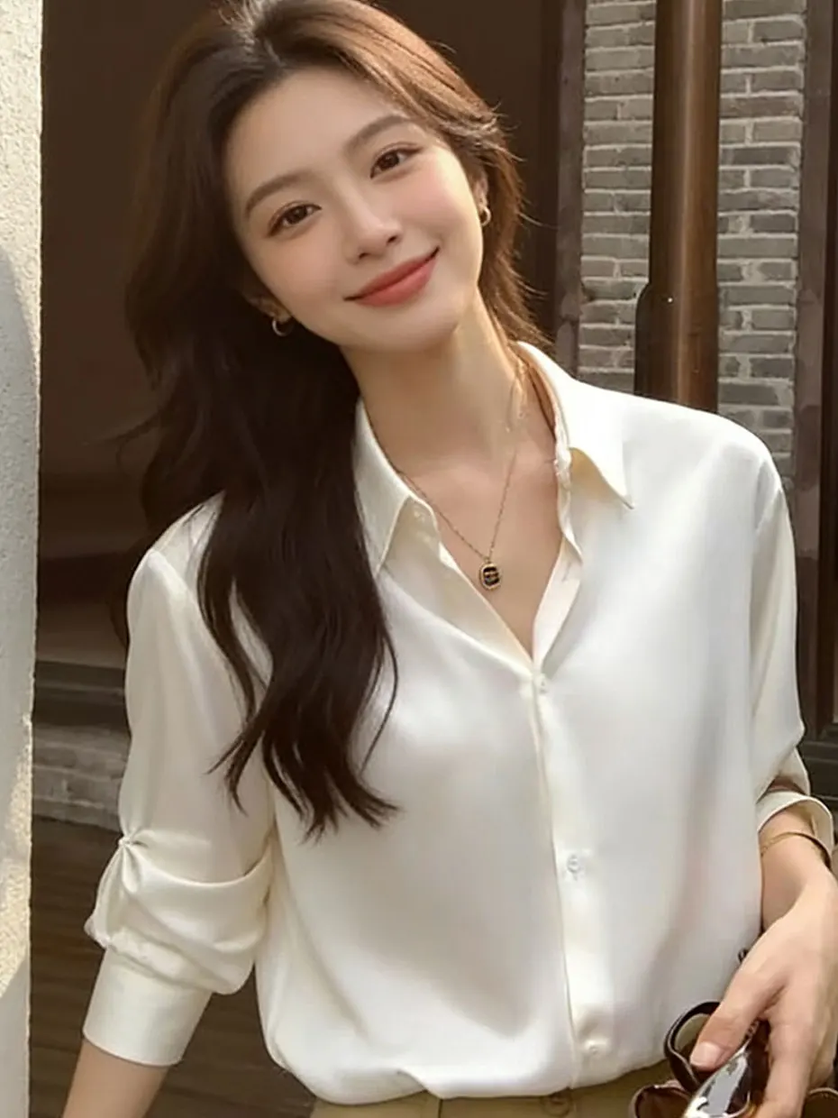 

Acetate Silk Satin Drapey Long Sleeve White Shirt Women's Vintage Hong Kong Style Spring Loose Korean Version Career OL Shirt