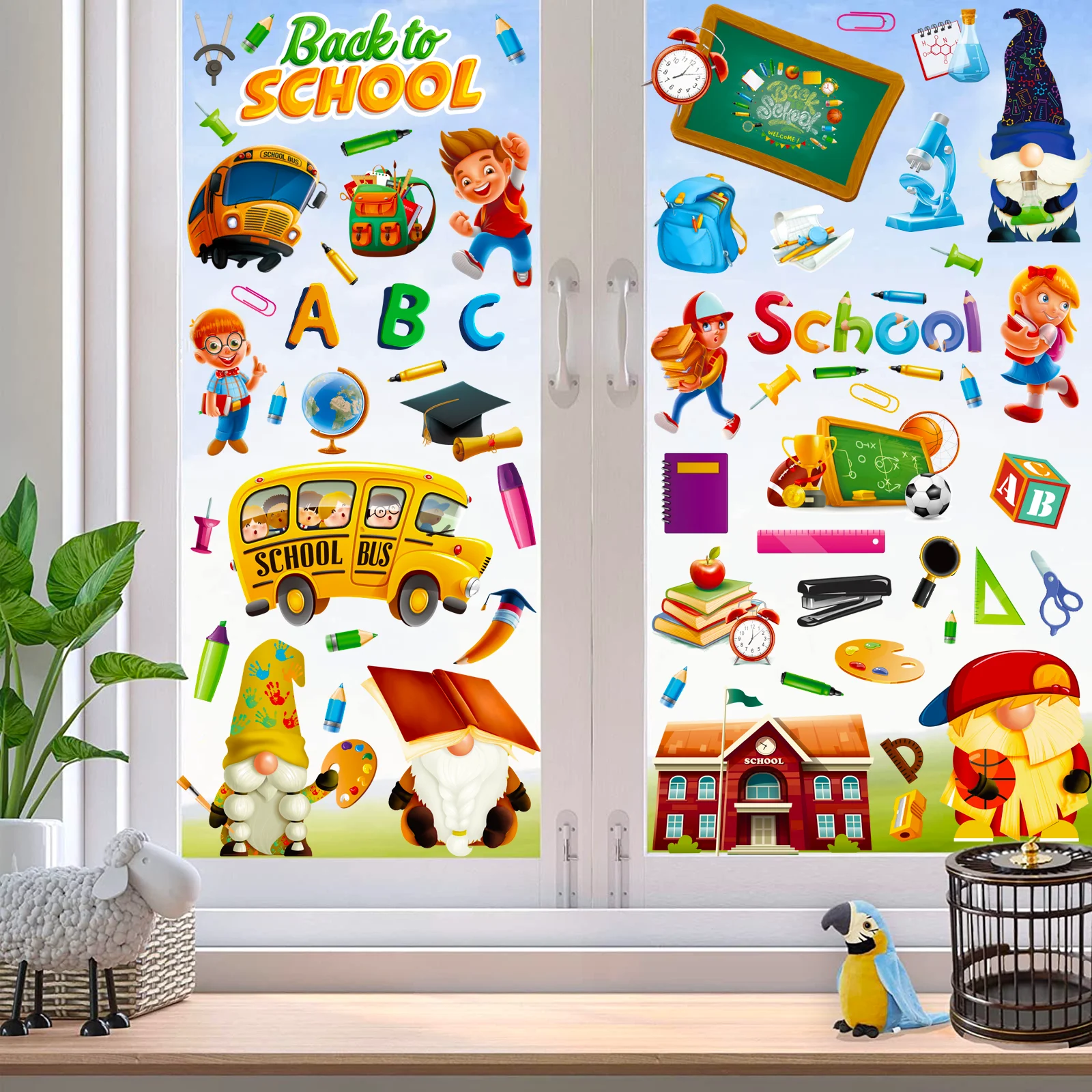 Back to School Window Stickers Reusable Static Gnome Decal for Kids Classroom Window Stickers,Welcome Back to School Decor