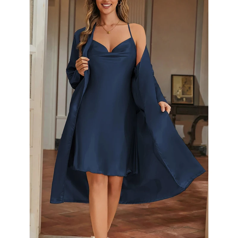 New Female Twinset Robe Set Nightgown Sexy Silk Satin Nightwear Sleepdress Thin Comfortable Home Clothes Lounge Wear Lingerie