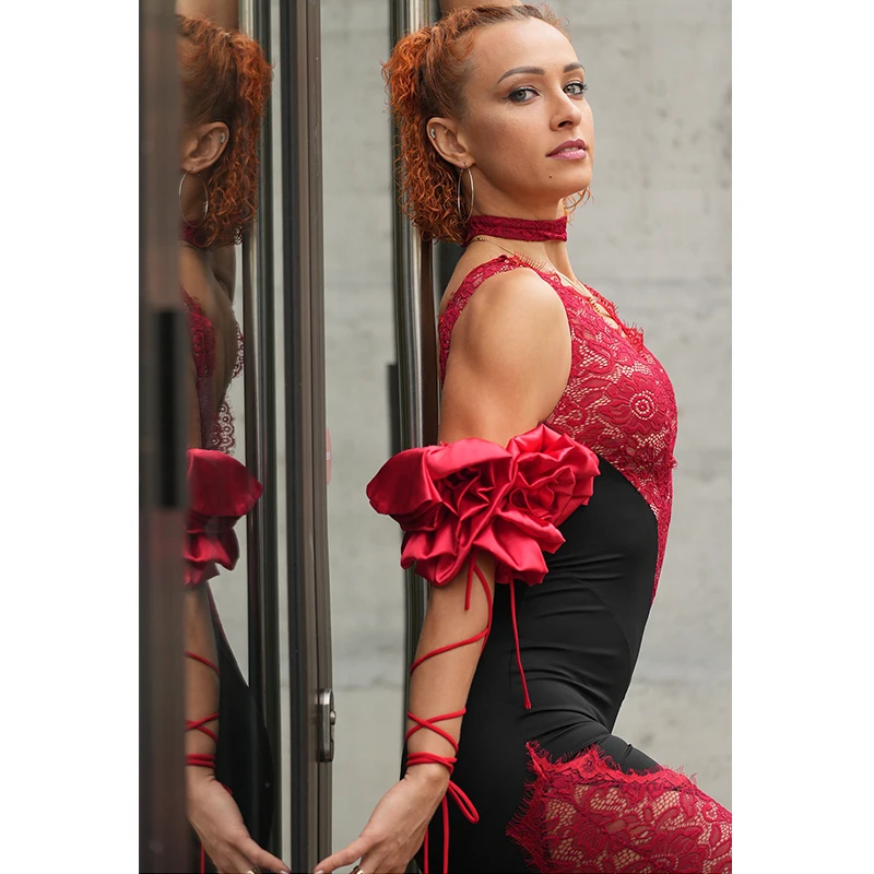 2025 Red Lace Latin Dance Jumpsuit Women Competition Clothing Cha Cha Rumba Dance Performance Cothes Adult Sexy Pants BL17705
