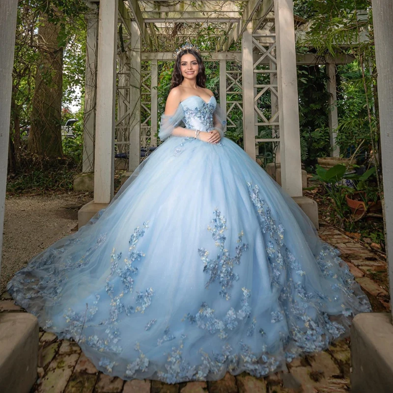 Sky Blue Charming Quinceanera Dresses Ball Gown Off The Shoulder Classic 3D Flower Applique Crystal Sweet 16 Dress Vestidos De15