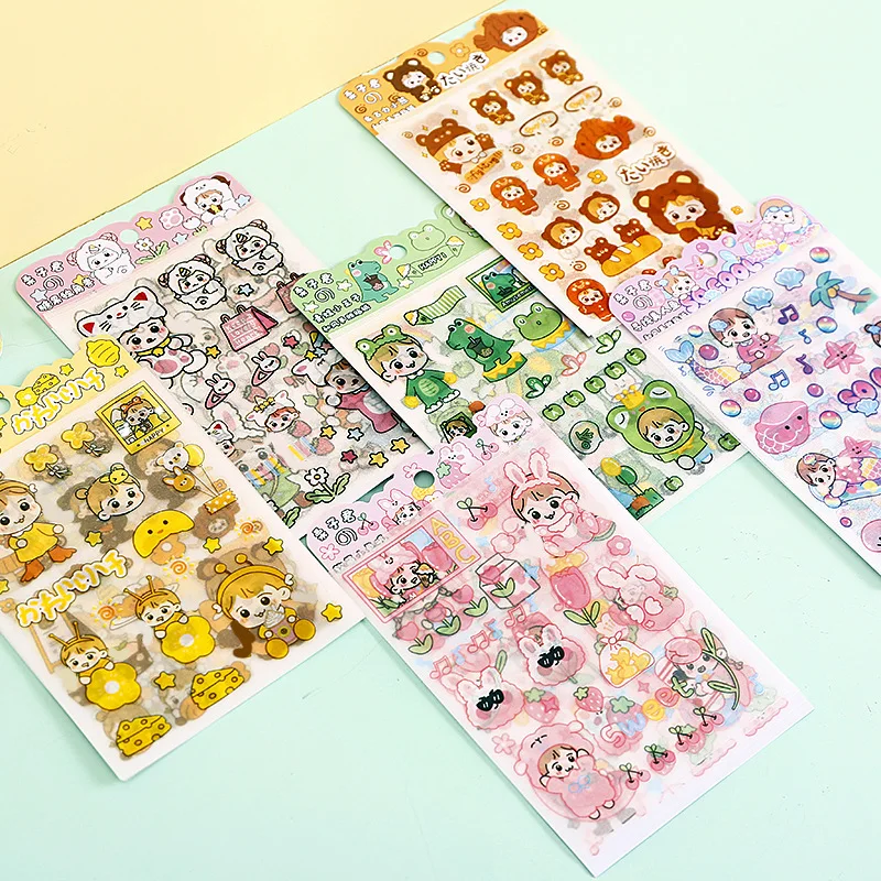 4 Sheets Set kawaii Animals Stickers Cute Rabbit Bear Pink Glitter Stationery Sticker Decor Korean Supplies