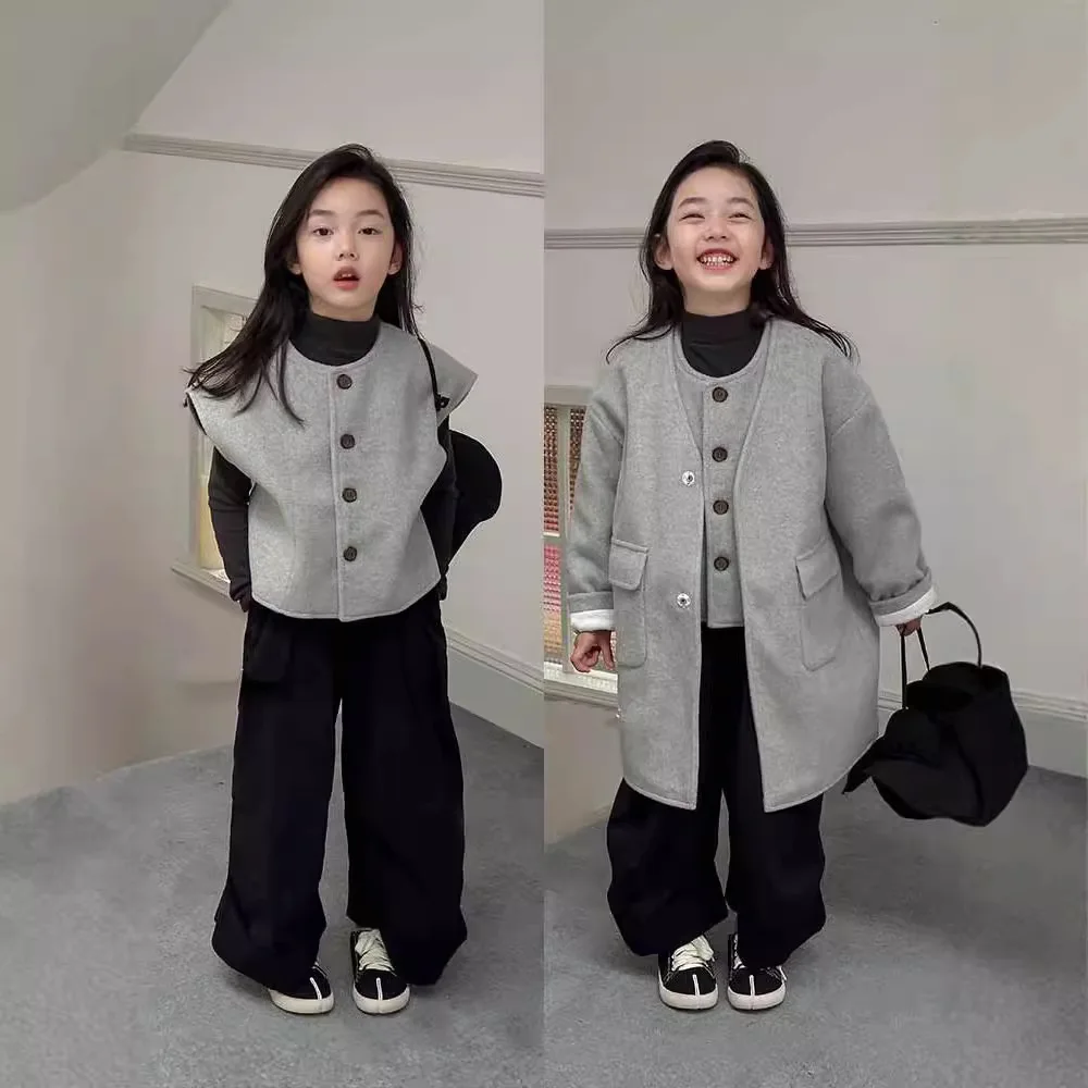 

Новое осенне-зимнее пальто для девочек, корейское японское стильное шерстяное пальто + жилет, комплект из 2 предметов, модная детская куртка