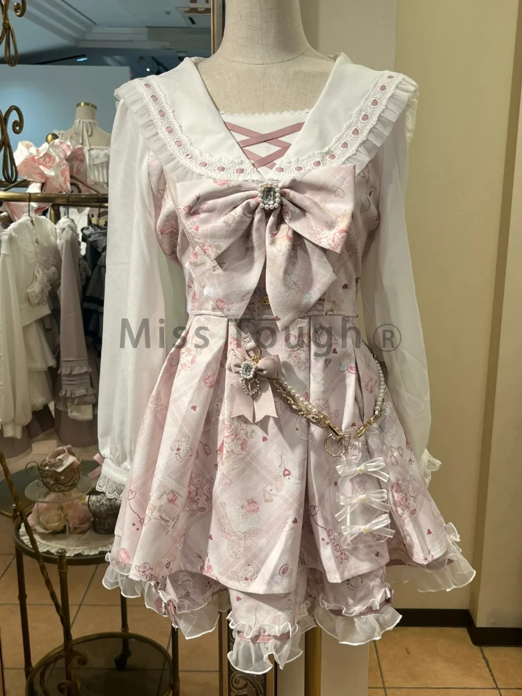 

2025 Japanese Sweet Lolita Kawaii Dress Women Spring Printed Bow Fake Two Piece Dress Female Korea Style Design Party Clothing