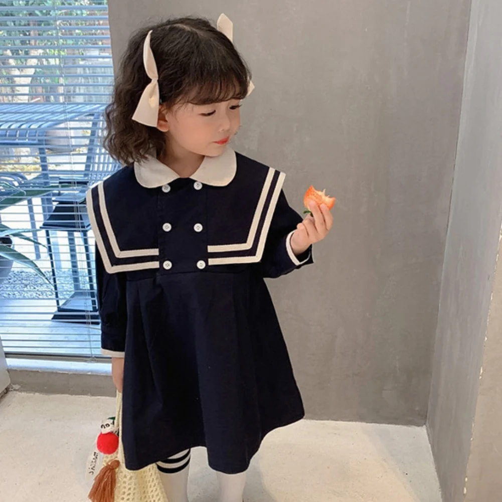 New Summer Spring Girls Dress British Style Solid Color Sailor Collar Dress Long-Sleeved Student School Dress Baby Kids Clothing